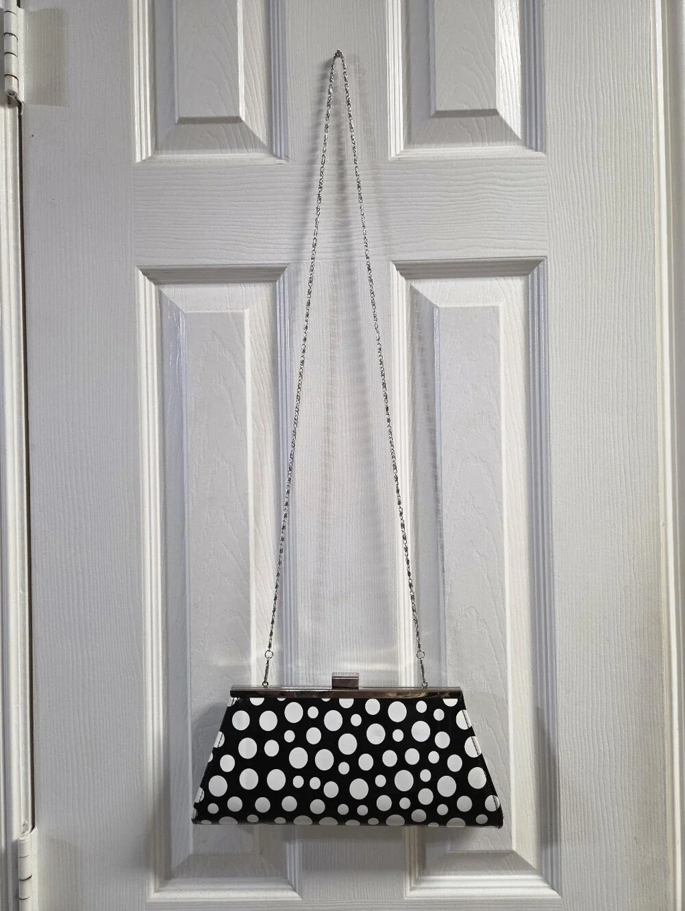 Neiman Marcus Black White Polka Dot Patent Clutch Purse With Chain Strap
